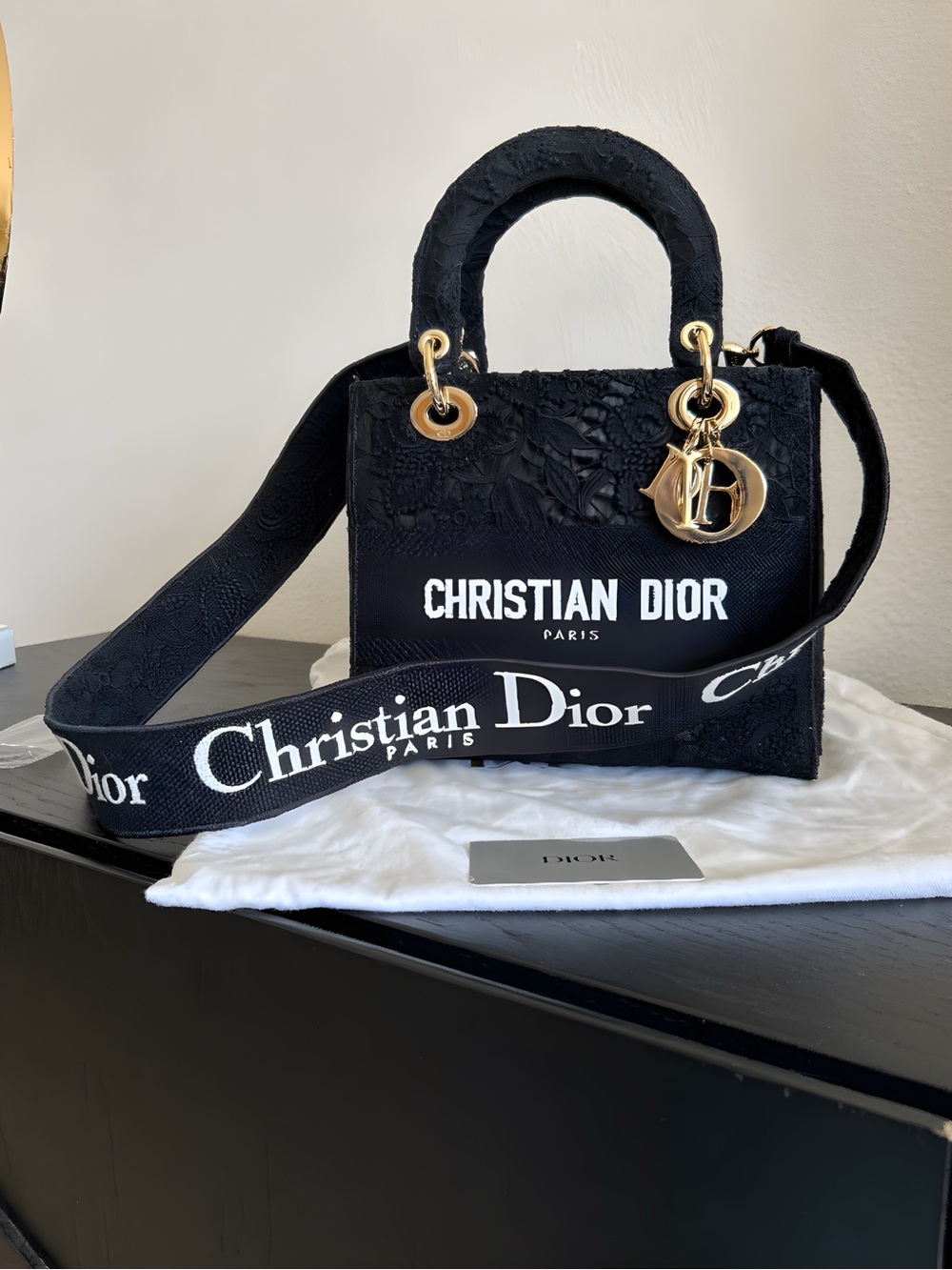 Christian Dior Lady D-Lite Floral Lace Embroidered Tote – Black